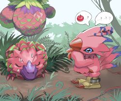 Rule 34 | absurdres, beak, blue eyes, camouflage, claws, digimon, digimon (creature), forest, highres, nature, piyomon, pomumon