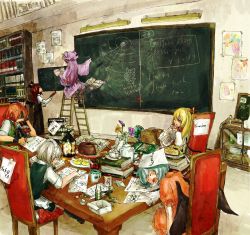 Rule 34 | 6+girls, :3, :d, ^ ^, aged down, apple, apron, ascot, bad id, bad pixiv id, bat wings, black socks, blonde hair, blue hair, blush, book, bookshelf, box, braid, cabinet, cake, calculus, candle, candy, cardboard box, chair, chalkboard, child&#039;s drawing, chocolate, chocolate bar, closed eyes, crescent, cup, diagram, drooling, embodiment of scarlet devil, english text, engrish text, eraser, female focus, flandre scarlet, floating, flower, food, fork, fruit, globe, hat, head wings, hexagram, highres, holding, holding book, hong meiling, izayoi sakuya, jar, kneehighs, knife, koakuma, kurau kii, ladder, lantern, light particles, long hair, maid, maid apron, maid headdress, math, messy room, mouth hold, multiple girls, no headwear, open book, open mouth, patchouli knowledge, pen, pencil, purple hair, ranguage, red hair, red upholstery, remilia scarlet, sandwich, shaded face, short hair, side ponytail, silver hair, sitting, sketch, skirt, sleeping, smile, socks, standing, star (symbol), sweat, table, tape, teacup, teapot, test tube, touhou, trash, twin braids, vase, vest, waist apron, wings, writing, yellow eyes