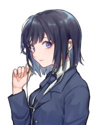 Rule 34 | 1girl, black hair, black jacket, black necktie, blazer, collared shirt, earbuds, earphones, hand up, holding, holding earphones, jacket, long sleeves, looking at viewer, necktie, open clothes, open jacket, original, parted lips, purple eyes, saino misaki, shirt, simple background, solo, upper body, white background, white shirt