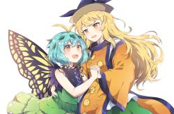 Rule 34 | 2girls, :d, antennae, black shirt, blonde hair, blue hair, breasts, brown eyes, butterfly wings, commentary request, constellation print, eternity larva, green skirt, hair between eyes, hair ornament, highres, holding hands, insect wings, interlocked fingers, kaoling, leaf hair ornament, long hair, long sleeves, matara okina, medium breasts, multiple girls, open mouth, shirt, simple background, skirt, smile, tabard, touhou, very long hair, white background, wide sleeves, wings