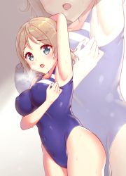 Rule 34 | 1girl, arm up, armpits, blue eyes, blue one-piece swimsuit, brown hair, c8oyk, competition swimsuit, covered erect nipples, covered navel, cowboy shot, highleg, highleg swimsuit, looking at viewer, love live!, love live! sunshine!!, nail polish, one-piece swimsuit, presenting armpit, short hair, solo, sweat, swimsuit, watanabe you, wavy hair, zoom layer