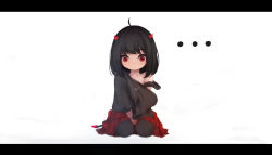 Rule 34 | ..., 1girl, age regression, aged down, ahoge, bare shoulders, between legs, black hair, black thighhighs, closed mouth, demon girl, demon horns, demon tail, full body, hand between legs, horns, letterboxed, long hair, off shoulder, original, oversized clothes, oversized shirt, pleated skirt, red eyes, red skirt, seiza, shimmer, shirt, simple background, sitting, skirt, solo, tail, thighhighs, white background