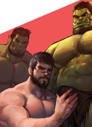 Rule 34 | 3boys, bara, beard, body hair, bulge, colored skin, crotch, dragon age, dragon age 2, erection, erection under clothes, facial hair, fangs, green skin, grin, groping, hawke (dragon age 2), highres, interspecies, male focus, multiple boys, muscular, naughty face, ogre, size difference, smile, undressing, yaoi, yy6242