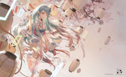 Rule 34 | 1girl, absurdres, aqua hair, chime, closed mouth, dutch angle, floral print, flower, hair flower, hair ornament, highres, japanese clothes, jellyfish, kimono, lantern, long hair, looking at viewer, multicolored hair, obi, original, red eyes, sandals, sash, smile, standing, standing on liquid, standing on one leg, two-tone hair, very long hair, wind chime, wrist (wrist0000)