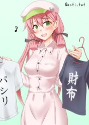 Rule 34 | 1girl, akashi (kancolle), anti (untea9), bag, blue background, blunt tresses, blush, clothes hanger, commentary request, cowboy shot, eighth note, green eyes, hair ribbon, highres, kantai collection, looking at viewer, musical note, off shoulder, one-hour drawing challenge, open mouth, pink hair, pink headwear, print shirt, ribbon, shirt, shopping bag, short hair, simple background, smile, solo, t-shirt, tress ribbon, very short hair
