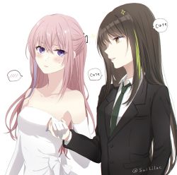 Rule 34 | 2girls, alternate costume, artist name, bare shoulders, black jacket, black suit, blush, bow, brown eyes, brown hair, buttons, closed mouth, collar, collarbone, collared shirt, commentary request, dress, elbow gloves, embarrassed, formal, girls&#039; frontline, gloves, green hair, grey neckwear, hair between eyes, hair ornament, highres, holding, holding hands, jacket, lips, long hair, looking at another, looking at viewer, m4a1 (girls&#039; frontline), multicolored hair, multiple girls, necktie, off-shoulder dress, off shoulder, parted lips, pink hair, pocket, purple eyes, purple hair, shirt, sidelocks, simple background, smile, sparkle, st ar-15 (girls&#039; frontline), streaked hair, sui (camellia), suit, sweat, talking, two-tone hair, upper body, white background, white bow, white dress, white gloves, white shirt