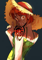 Rule 34 | 1girl, arm at side, artist name, bare arms, bare shoulders, blood, crying, crying with eyes open, fingernails, freckles, from behind, hand on headwear, hand up, hat, highres, injury, looking at viewer, looking back, nami (one piece), one piece, orange hair, parted lips, short hair, shoulder tattoo, sidelocks, simple background, solo, straw hat, tattoo, tears, toboldlymuppet, upper body, wide-eyed, yellow eyes