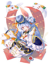 1girl absurdres animal_ear_fluff animal_ears blue_dress blue_hair blue_hat blue_sleeves bun_with_braided_base carrot_print china_dress chinese_clothes cleavage_cutout clothing_cutout commentary_request double_bun dress earrings food_print frilled_dress frills full_body gold_trim hair_bun hat highres hikimayu hololive implied_extra_ears jewelry layered_dress long_hair long_sleeves looking_at_viewer multicolored_hair official_alternate_costume official_alternate_hairstyle ofuda open_mouth pekomon_(usada_pekora) pom_pom_(clothes) pom_pom_earrings print_dress rabbit-shaped_pupils rabbit_ears rabbit_girl red_eyes seiza short_eyebrows sidelocks sitting sleeves_past_fingers sleeves_past_wrists solo symbol-shaped_pupils tassel teeth thick_eyebrows thigh_strap thighhighs twintails two-tone_hair upper_teeth_only usada_pekora usada_pekora_(10th_costume) ushio_(user_ndwp8857) very_long_hair virtual_youtuber white_hair white_thighhighs