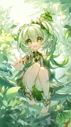 Rule 34 | 1girl, cape, child, cross-shaped pupils, full body, genshin impact, green cape, green eyes, green hair, highres, leaf, looking at viewer, mibai yume, nahida (genshin impact), open mouth, pointy ears, side ponytail, sidelocks, sitting, sleeveless, solo, symbol-shaped pupils, toeless footwear