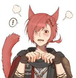 Rule 34 | !, 1boy, animal ears, black scarf, blush, braid, brown gloves, cat boy, cat ears, cat tail, embarrassed, facial mark, final fantasy, final fantasy xiv, fingerless gloves, g&#039;raha tia, gloves, hair ornament, hands up, highres, jewelry, looking at viewer, male focus, mbomb, miqo&#039;te, neck tattoo, open mouth, pendant, portrait, red eyes, red hair, scarf, short hair, short ponytail, simple background, single braid, solo, spoken exclamation mark, swept bangs, tail, tattoo, white background, x hair ornament