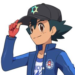 Rule 34 | 1boy, ash ketchum, black hat, blue jacket, brown eyes, buttons, closed mouth, commentary request, creatures (company), game freak, gloves, hand on headwear, hat, highres, jacket, logo, male focus, nintendo, open clothes, open jacket, partially fingerless gloves, pokemoa, pokemon, pokemon (anime), pokemon journeys, pokemon sv, red gloves, shirt, short hair, simple background, smile, solo, split mouth, upper body, white background, white shirt