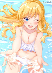 Rule 34 | 1girl, bare arms, bare shoulders, bikini, blonde hair, blue eyes, blush, breasts, cleavage, collarbone, commentary request, idolmaster, idolmaster cinderella girls, idolmaster cinderella girls starlight stage, jewelry, long hair, looking at viewer, namidako, ohtsuki yui, one eye closed, open mouth, smile, solo, swimsuit, teeth, upper teeth only, water, white bikini