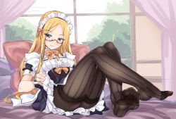 Rule 34 | 1girl, abigail williams (fate), bed, blonde hair, blue eyes, fate/grand order, fate (series), feet, glasses, long hair, looking at viewer, maid, maid headdress, no shoes, pantyhose, shirokuma a, smile, soles, toes
