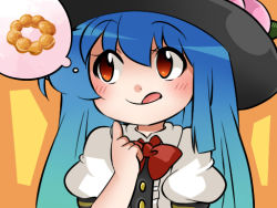 Rule 34 | 1girl, :q, blue hair, blush, bow, bowtie, collared shirt, commentary request, doughnut, finger to cheek, food, food on head, fruit, fruit on head, hammer (sunset beach), hat, hinanawi tenshi, licking lips, long hair, object on head, orange background, peach, pon de ring, puffy short sleeves, puffy sleeves, red eyes, shirt, short sleeves, solo, thinking, tongue, tongue out, touhou