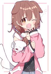 Rule 34 | 1girl, animal ears, black choker, black tank top, blush, brown eyes, brown hair, choker, covering own mouth, cowboy shot, detached sleeves, dog, dog ears, dog girl, dog tail, extra ears, fang, fur-trimmed sleeves, fur trim, hair over shoulder, hand over own mouth, highres, hololive, hood, hooded vest, hoodie, hoso-inu, inugami korone, inugami korone (loungewear), long hair, looking at viewer, o-ring, o-ring choker, official alternate costume, one eye closed, open mouth, pink vest, rabiiandrain, skin fang, solo, tail, tank top, tearing up, vest, virtual youtuber, yawning