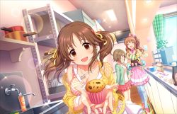 Rule 34 | 10s, 3girls, :3, ^ ^, artist request, baking, bare shoulders, breasts, brown eyes, brown hair, cleavage, closed eyes, collarbone, food, gloves, idolmaster, idolmaster cinderella girls, idolmaster cinderella girls starlight stage, jewelry, kitchen, long hair, looking at viewer, mimura kanako, moroboshi kirari, multiple girls, necklace, official art, open mouth, pantyhose, plate, ponytail, short hair, sink, skirt, slippers, smile, sparkle, sweets, totoki airi, twintails, window