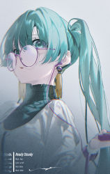 Rule 34 | 1girl, absurdres, aqua eyes, aqua hair, bespectacled, dress, earphones, earrings, facing to the side, film grain, glasses, hand up, hatsune miku, highres, holding, huge filesize, jewelry, long hair, looking at viewer, matching hair/eyes, open mouth, rolua, round eyewear, solo, standing, text background, turtleneck, turtleneck dress, twintails, upper body, very long hair, vocaloid, white dress
