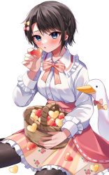 Rule 34 | 1girl, basket, bird, blue eyes, blush, bow, bowtie, brown hair, brown pantyhose, commentary request, duck, floral print, frilled shirt collar, frilled skirt, frills, hair bow, heart, high-waist skirt, highres, holding, holding heart, hololive, long sleeves, looking at viewer, moonbell, oozora subaru, pantyhose, pink bow, pink bowtie, pink skirt, print skirt, ribbon trim, shirt, short hair, sitting, skirt, solo, striped bow, striped bowtie, striped clothes, virtual youtuber, white shirt