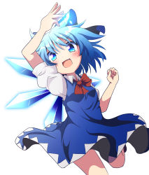 Rule 34 | 1girl, arm up, blue dress, blue eyes, blue hair, bow, cirno, do (4-rt), dress, fang, hair bow, highres, ice, ice wings, matching hair/eyes, open mouth, puffy sleeves, shirt, short sleeves, simple background, smile, solo, touhou, white background, wings