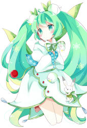 Rule 34 | 1girl, ahoge, bad id, bad pixiv id, blush, bubble skirt, capelet, cropped legs, flower, fur-trimmed capelet, fur trim, green eyes, green ribbon, hair flower, hair ornament, hands in opposite sleeves, hatsune miku, highres, holding, holding flower, leaf, lily of the valley, long hair, long sleeves, looking away, looking to the side, rabbit, ribbon, shirt, simple background, sitting, skirt, skirt set, snowflake print, snowflakes, tsukiyo (skymint), twintails, very long hair, vocaloid, water drop, white background, white shirt, white skirt, wide sleeves, yuki miku, yukine (vocaloid)