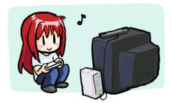 Rule 34 | 00s, 1girl, :&gt;, aozaki aoko, blush stickers, chibi, controller, game console, game controller, jonathan kim, long hair, lowres, melty blood, musical note, playing games, red hair, sitting, solo, television, tsukihime, wii, wii remote, | |
