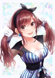 Rule 34 | 1girl, black hairband, breasts, brown hair, bunching hair, cleavage, earrings, gloves, hairband, highres, idolmaster, idolmaster shiny colors, jewelry, large breasts, long hair, migechi, open mouth, osaki amana, shirt, smile, solo, striped clothes, striped shirt, swept bangs, twintails, white gloves, yellow eyes