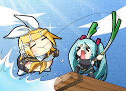Rule 34 | fishing, hatsune miku, kagamine rin, lowres, spring onion, vocaloid, what