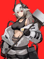 Rule 34 | 1girl, arknights, black gloves, black hair, black sports bra, breasts, commentary, cowboy shot, demon horns, gloves, gradient hair, grey hair, hair ornament, hammer, highres, holding, holding hammer, horns, infection monitor (arknights), jumpsuit, large breasts, light frown, long hair, material growth, mudrock (arknights), mudrock (elite ii) (arknights), multicolored hair, oripathy lesion (arknights), parted lips, pointy ears, red background, red eyes, ruyu (txzy22), sidelocks, simple background, solo, sports bra, walkie-talkie, white jumpsuit