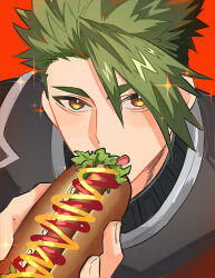 Rule 34 | 1boy, absurdres, achilles (fate), armor, blush, brown eyes, fate/apocrypha, fate (series), fingernails, food, from above, green hair, haruakira, highres, holding, holding food, hot dog, ketchup, lettuce, male focus, mustard, open mouth, red background, simple background, solo, undercut, upper body