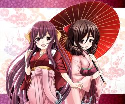 Rule 34 | 10s, 2girls, anchor, bow, brown hair, drill hair, female focus, floral background, gradient hair, hair bow, hakama, hakama skirt, harukaze (kancolle), japanese clothes, kamikaze (kancolle), kantai collection, kimono, long hair, long sleeves, looking at viewer, meiji schoolgirl uniform, multicolored hair, multiple girls, oil-paper umbrella, open mouth, pink hair, pink hakama, pink kimono, pink skirt, plant, purple eyes, purple hair, purple skirt, red bow, red eyes, skirt, smile, tasuki, tk8d32, twin drills, umbrella, wide sleeves, yellow bow