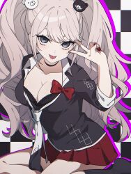 Rule 34 | 1girl, :p, akahito (akaironotanin), bear hair ornament, blonde hair, blue eyes, bow, breasts, checkered background, cleavage, collarbone, danganronpa: trigger happy havoc, danganronpa (series), enoshima junko, hair ornament, hand up, highres, large breasts, long hair, looking at viewer, miniskirt, nail polish, necktie, pleated skirt, red nails, red skirt, shirt, skirt, smile, solo, tongue, tongue out, twintails, two-tone necktie, v