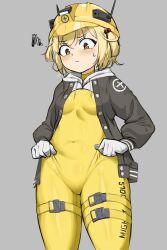 Rule 34 | 1girl, absurdres, blonde hair, blush, bodysuit, breasts, brown jacket, clothes tug, clothes writing, cowboy shot, gloves, goddess of victory: nikke, goma., hard hat, helmet, highres, impossible bodysuit, impossible clothes, jacket, liter (nikke), open clothes, open jacket, petite, short hair, simple background, skin tight, small breasts, solo, thigh strap, troubled, white gloves, white hood, yellow bodysuit, yellow eyes