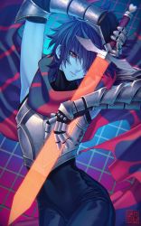 Rule 34 | 1other, absurdres, arm up, armor, black bodysuit, black scarf, blue hair, blue skin, bodysuit, chain-link fence, colored skin, deltarune, fence, gauntlets, gradient background, hair over one eye, highres, holding, holding weapon, kris (deltarune), red eyes, red scarf, scarf, simple background, sword, two-tone scarf, watermark, weapon, yokaze (xxxdisxxx)