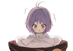Rule 34 | 1girl, ^^^, antenna hair, blush, commentary request, in bowl, in container, japanese clothes, kimono, long sleeves, open mouth, pillow, piyokichi, purple hair, red eyes, short hair, simple background, solo, sukuna shinmyoumaru, touhou, white background, white kimono, wide-eyed, wide sleeves