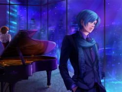 Rule 34 | 1boy, 1girl, bad id, bad pixiv id, blue eyes, blue hair, blue scarf, brown hair, cityscape, dress, formal, grand piano, highres, instrument, kaito (vocaloid), lipstick, makeup, meiko (vocaloid), nail polish, necktie, piano, red dress, red nails, scarf, short hair, suit, vocaloid, wii hola