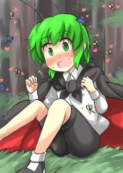 Rule 34 | 1girl, antennae, blush, bug, butterfly, cape, flying sweatdrops, forest, gaoo (frpjx283), green eyes, green hair, highres, bug, matching hair/eyes, nature, open mouth, short hair, sitting, solo, sweat, touhou, wriggle nightbug