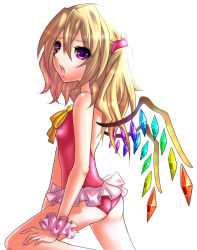Rule 34 | 1girl, ascot, ass, bad id, bad pixiv id, blonde hair, embodiment of scarlet devil, female focus, flandre scarlet, kukua (mosushi), no headwear, one-piece swimsuit, open mouth, side ponytail, simple background, solo, swimsuit, touhou, white background, wings, wrist cuffs