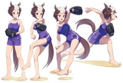 Rule 34 | 1girl, animal ears, arm up, ball, bare shoulders, baseball, baseball glove, breasts, brown hair, clenched teeth, closed mouth, holding, holding ball, horse ears, horse girl, horse tail, medium breasts, mejiro ryan (umamusume), motion blur, multicolored hair, multiple views, nishiki kazue, one-piece swimsuit, open mouth, outstretched arm, pitching, purple eyes, sand, school swimsuit, sequential, short hair, standing, standing on one leg, swimsuit, tail, teeth, throwing, two-tone hair, umamusume, v-shaped eyebrows, white background, white hair