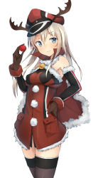 Rule 34 | 10s, 1girl, absurdres, adapted costume, bismarck (kancolle), black thighhighs, blonde hair, blue eyes, blush, breasts, capelet, cowboy shot, detached sleeves, fur trim, hand on own hip, highres, kantai collection, long hair, metindone, santa costume, simple background, smile, solo, thighhighs, white background, zettai ryouiki