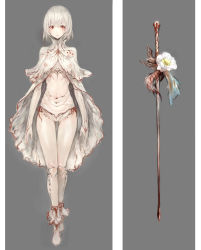 Rule 34 | 1girl, absurdres, breasts, capelet, dress, covered erect nipples, flower, full body, highres, jpeg artifacts, medium breasts, nipples, red eyes, ricci, see-through, short hair, solo, sword, weapon, white hair