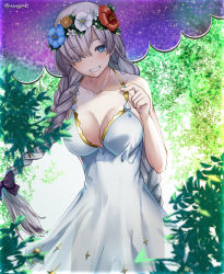 Rule 34 | 1girl, anastasia (fate), anastasia (swimsuit archer) (fate), anastasia (swimsuit archer) (second ascension) (fate), aona (anagasaki), bare shoulders, blue eyes, blush, bow, braid, breasts, cleavage, collarbone, dress, dress swimsuit, fate/grand order, fate (series), flower wreath, grin, hair bow, hair over one eye, head wreath, highres, large breasts, long hair, looking at viewer, silver hair, smile, solo, twin braids, very long hair, white dress