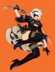 Rule 34 | 1girl, black dress, black gloves, black hairband, blindfold, boots, breasts, cleavage, cleavage cutout, clothing cutout, commentary, covered eyes, dress, english commentary, feather-trimmed sleeves, full body, gloves, hairband, high heel boots, high heels, holding, holding sword, holding weapon, juliet sleeves, jumping, katana, leotard, long legs, long sleeves, mar julia, medium breasts, mole, mole under mouth, nier (series), nier:automata, orange background, over shoulder, puffy sleeves, side slit, solo, sword, thick thighs, thigh boots, thighhighs, thighhighs under boots, thighs, two-sided fabric, two-sided skirt, upskirt, virtuous contract, weapon, weapon over shoulder, white hair, white leotard, 2b (nier:automata)