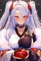 Rule 34 | 1girl, antenna hair, azur lane, blush, breasts, choker, cross, cup, highres, japanese clothes, kimono, large breasts, long hair, looking at viewer, multicolored hair, official alternate costume, prinz eugen (azur lane), prinz eugen (profusion of flowers) (azur lane), sideboob, sideless kimono, smile, solo, streaked hair, two side up, upper body, waa! okami, white hair