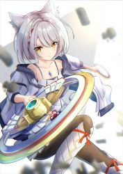 Rule 34 | 1girl, absurdres, animal ears, black pantyhose, breasts, cat ears, chest jewel, commentary, highres, holding, holding weapon, jacket, karuushi, looking at viewer, mio (xenoblade), pantyhose, short hair, skirt, solo, symbol-only commentary, tank top, weapon, white hair, white jacket, white tank top, xenoblade chronicles (series), xenoblade chronicles 3, yellow eyes
