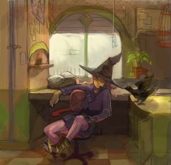 Rule 34 | 1girl, bird, book, cage, chair, checkered floor, crow, floor, hat, kima, office chair, original, pantyhose, perspective, pink pantyhose, plant, potted plant, sitting, solo, swivel chair, window, witch, witch hat