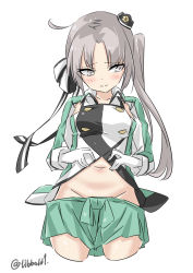 Rule 34 | 10s, 1girl, ahoge, akitsushima (kancolle), bad id, bad twitter id, blush, breasts, buttons, closed mouth, collarbone, cowboy shot, cropped legs, double-breasted, ebifurya, eyebrows, gloves, green skirt, groin, hair intakes, hair ribbon, highres, inactive account, jacket, kantai collection, light purple hair, long hair, long sleeves, looking away, looking to the side, medium breasts, miniskirt, navel, parted bangs, purple eyes, ribbon, side ponytail, simple background, skirt, solo, stomach, twitter username, white background, white gloves
