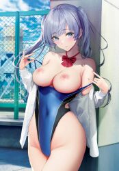 Rule 34 | 1girl, absurdres, bare shoulders, blue eyes, blue hair, blue sky, blush, breasts, buttons, cloud, cloudy sky, collarbone, competition swimsuit, covered navel, day, fence, fingernails, gentsuki, hands up, highleg, highleg swimsuit, highres, holding, long hair, looking at viewer, medium breasts, nipples, off shoulder, one-piece swimsuit, open clothes, open shirt, original, outdoors, parted lips, pulling own clothes, ribbon, scan, shirt, simple background, sky, solo, swimsuit, thighs, twintails, white shirt