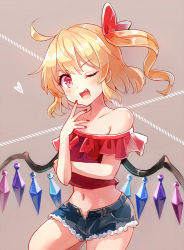 Rule 34 | 1girl, 60mai, ;d, ahoge, alternate costume, bare shoulders, blonde hair, blush, bow, brown background, collarbone, cowboy shot, crop top, crystal, cutoffs, denim, denim shorts, fang, flandre scarlet, frills, hair bow, hand up, heart, leg up, looking at viewer, midriff, nail polish, navel, no headwear, off-shoulder shirt, off shoulder, one eye closed, one side up, open fly, open mouth, panties, panty peek, red bow, red eyes, red nails, red shirt, shirt, short hair, short shorts, short sleeves, shorts, simple background, smile, solo, standing, standing on one leg, stomach, thighs, touhou, underwear, white panties, wings