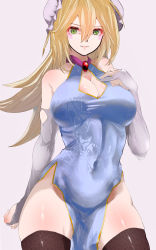 Rule 34 | 1girl, absurdres, alternate costume, arms behind back, bare shoulders, blonde hair, blush, breasts, china dress, chinese clothes, cleavage, clothing cutout, covered navel, dark magician girl, detached sleeves, double bun, dress, eyeliner, green eyes, hair between eyes, hair bun, hand on own chest, highres, kataku musou, large breasts, long hair, looking at viewer, makeup, pelvic curtain, skindentation, solo, thick thighs, thighhighs, thighs, yu-gi-oh!