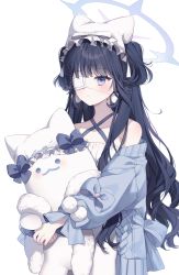 Rule 34 | 1girl, animal ears, animal hat, bare shoulders, black hair, blue bow, blue eyes, blue jacket, blush, bow, closed mouth, collarbone, commentary, covered collarbone, criss-cross halter, dress, eyepatch, fake animal ears, halo, halterneck, hat, highres, hugging object, jacket, long hair, long sleeves, looking at viewer, medical eyepatch, mob cap, moffle (ayabi), multicolored hair, off shoulder, open clothes, open jacket, original, puffy long sleeves, puffy sleeves, simple background, solo, standing, stuffed animal, stuffed toy, two-tone hair, very long hair, white background, white bow, white dress, white hat